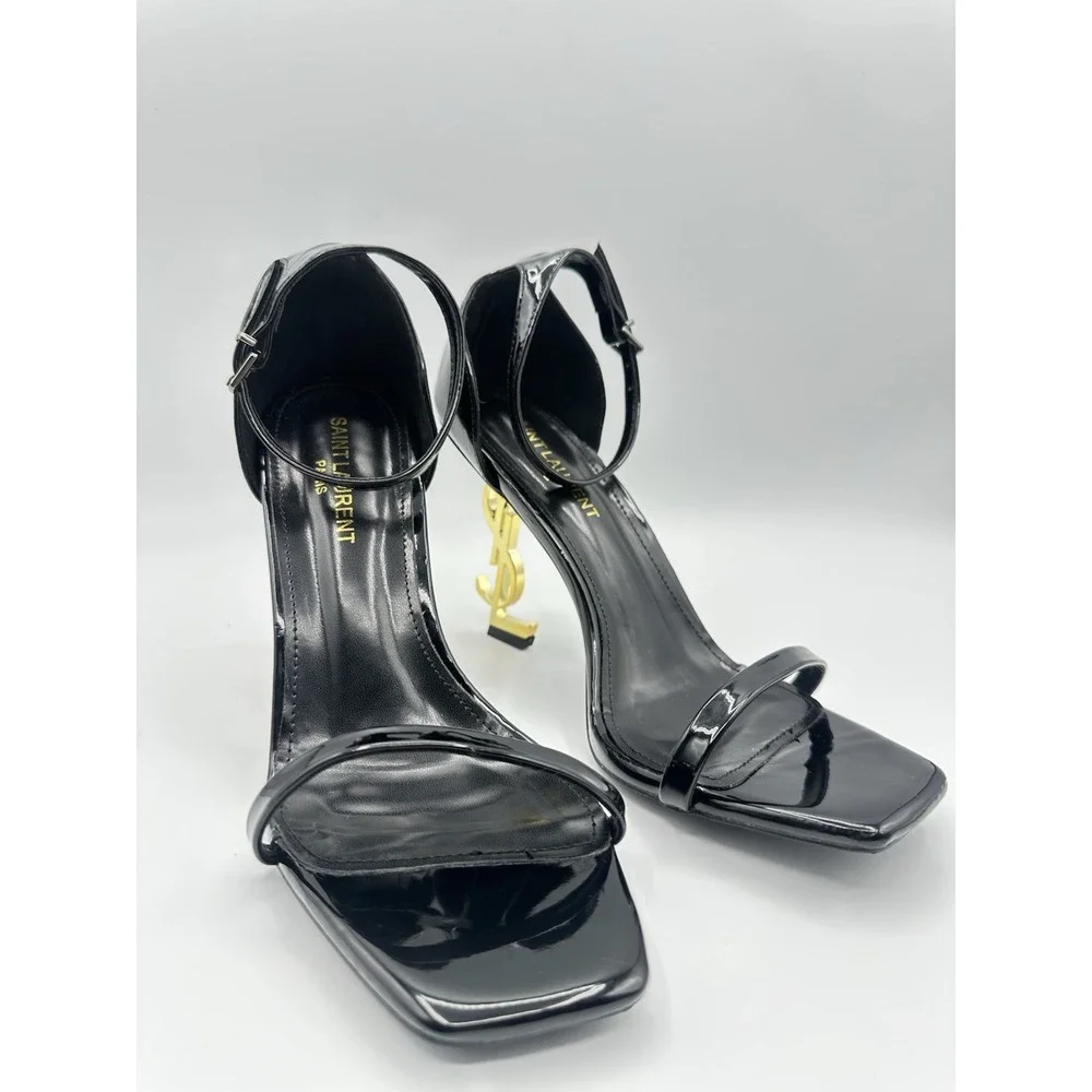 YSL Yves Saint Laurent Black Patent Ankle Strap Sandals Gold Logo Heel Size